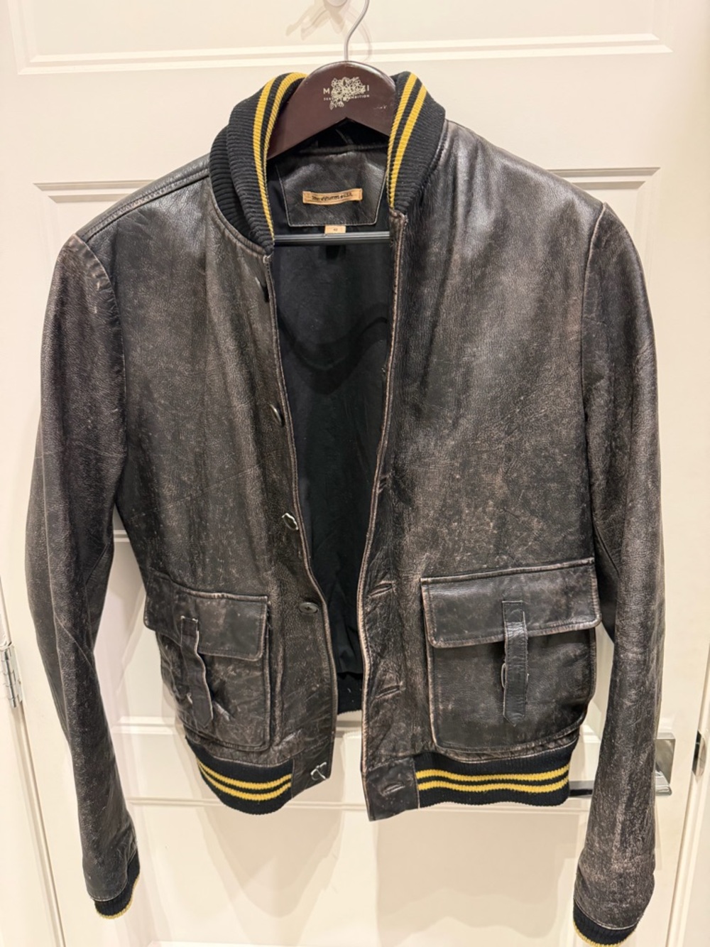 John Varvatos Black Leather Bomber Jacket with Yellow Trim